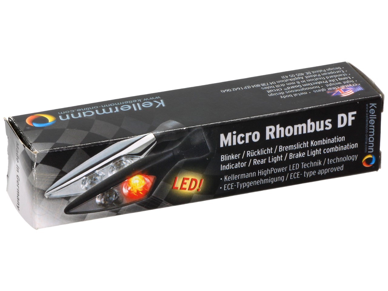 Kellermann Blinker, Rück- und Bremslicht, Rhombus DF, Stahl, LED, HR, 12 V, chrom glänzend, M8x20