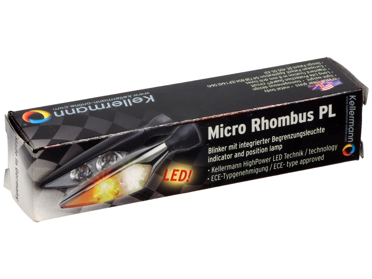 Kellermann Blinker mit Positionslicht, Rhombus PL, Stahl, LED, VR, 12 V, chrom glänzend, M8x20